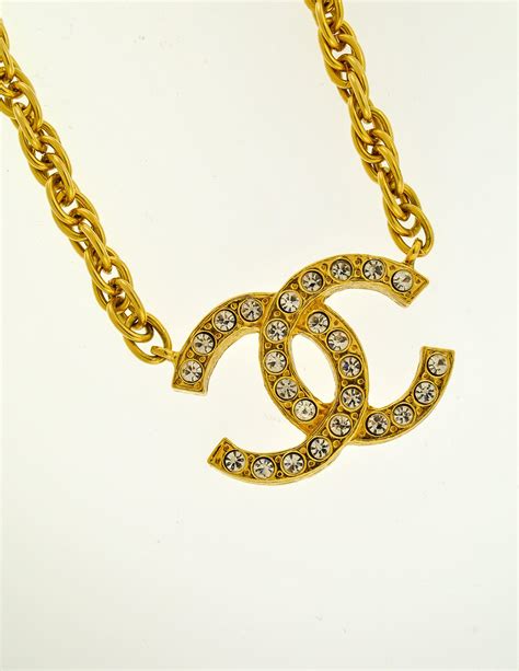 chanel gold plated cc logos rhinestone vintage chain necklace